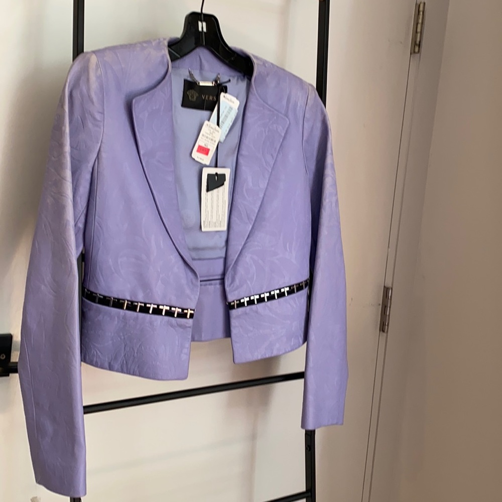 Floral Embossed Versace Leather Jacket metal trim
